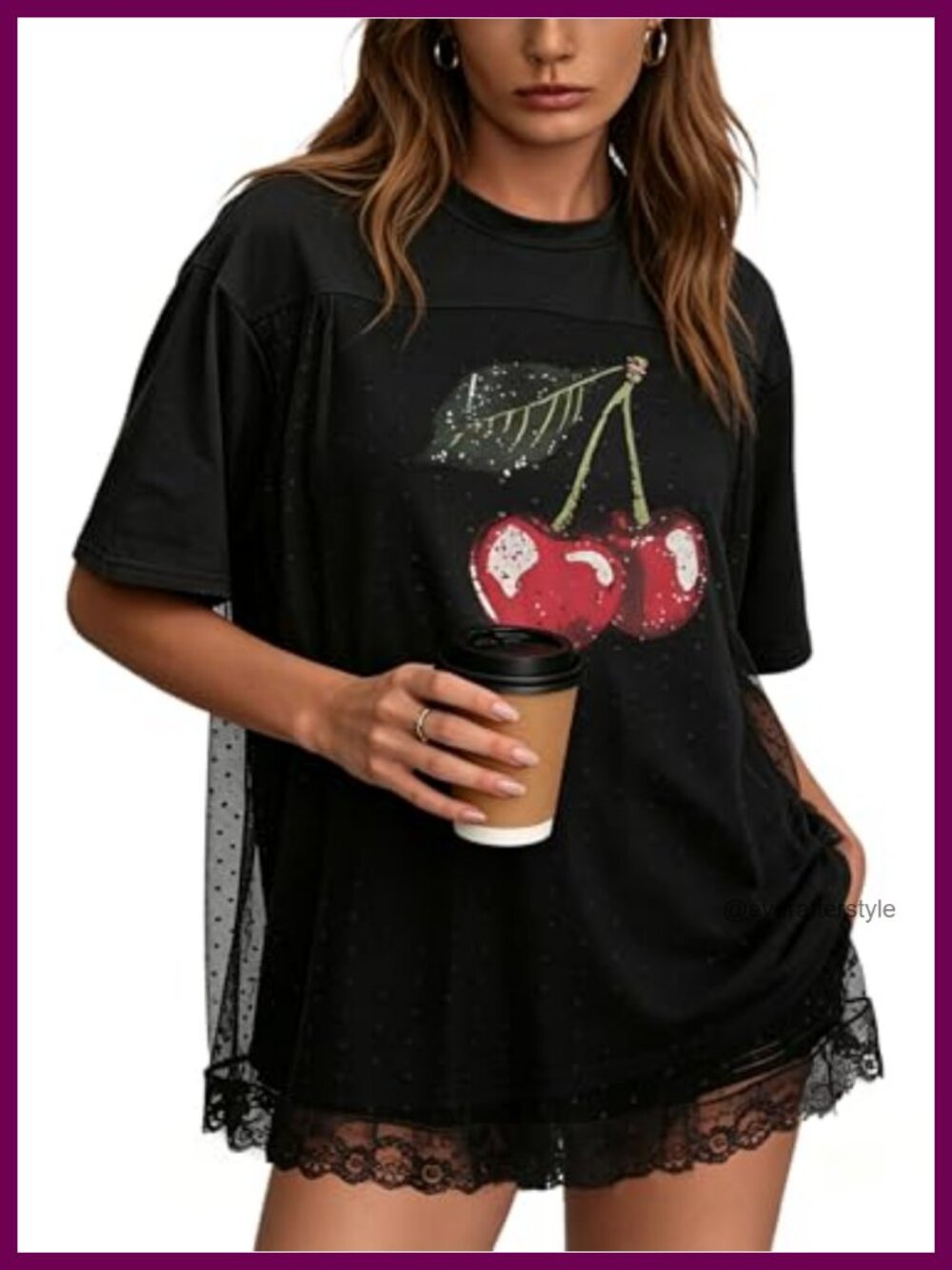 Oversized Graphic Tee for Women Lace Trim T-Shirt